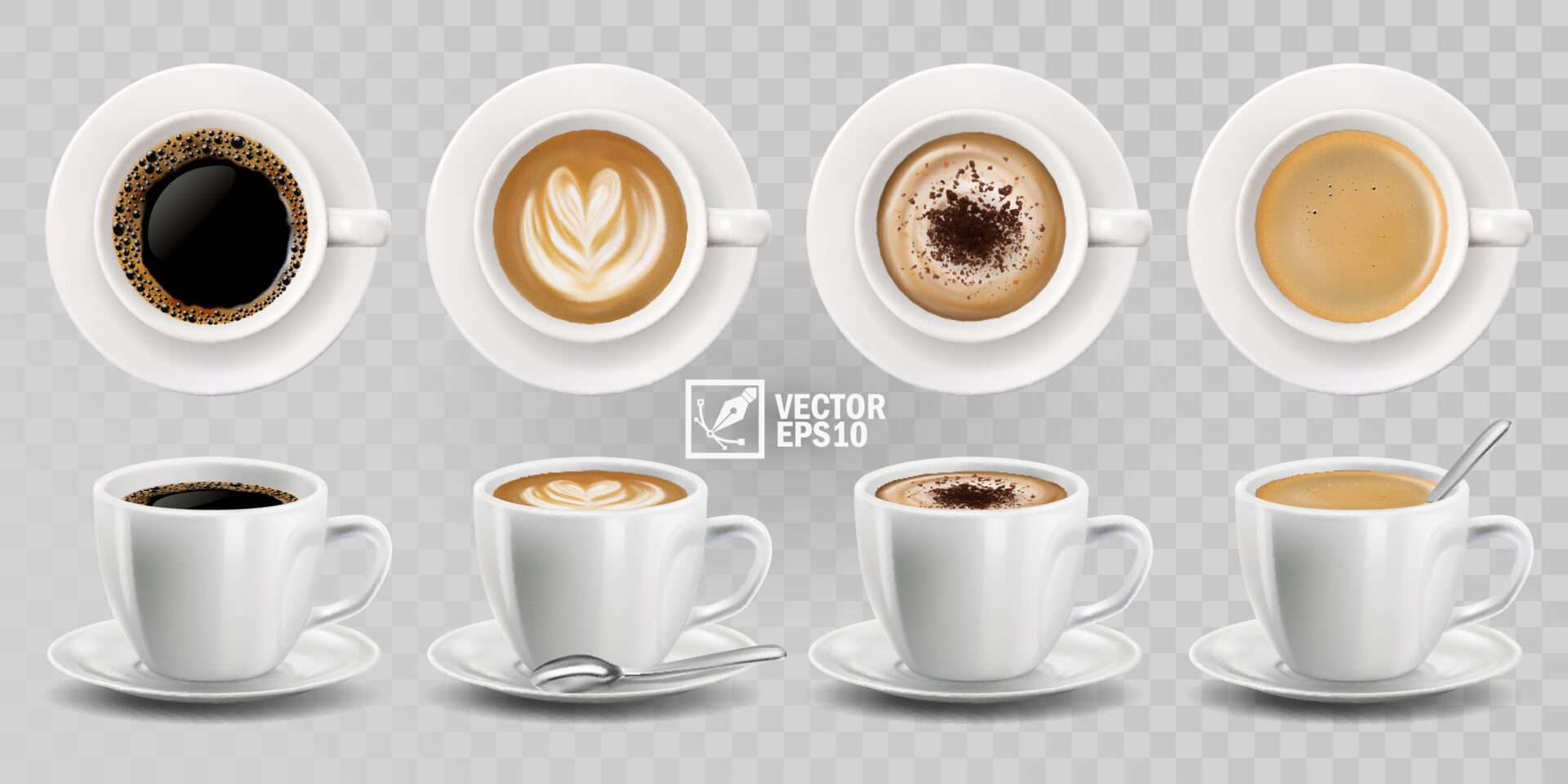 透明な背景にさまざまな種類のコーヒー。