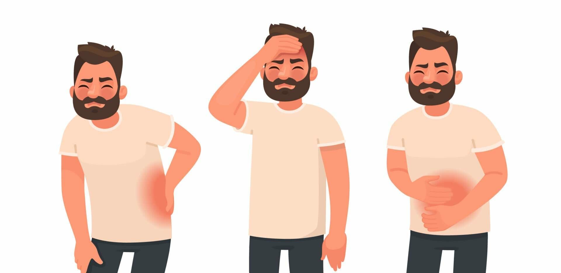 ひげを生やした男性がさまざまな姿勢でお腹を押さえています。