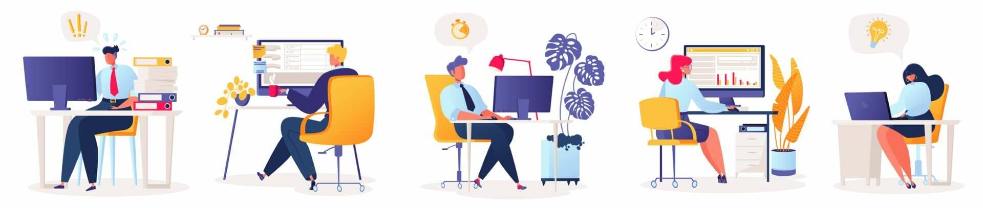 オフィスの机で働く人々のグループ。