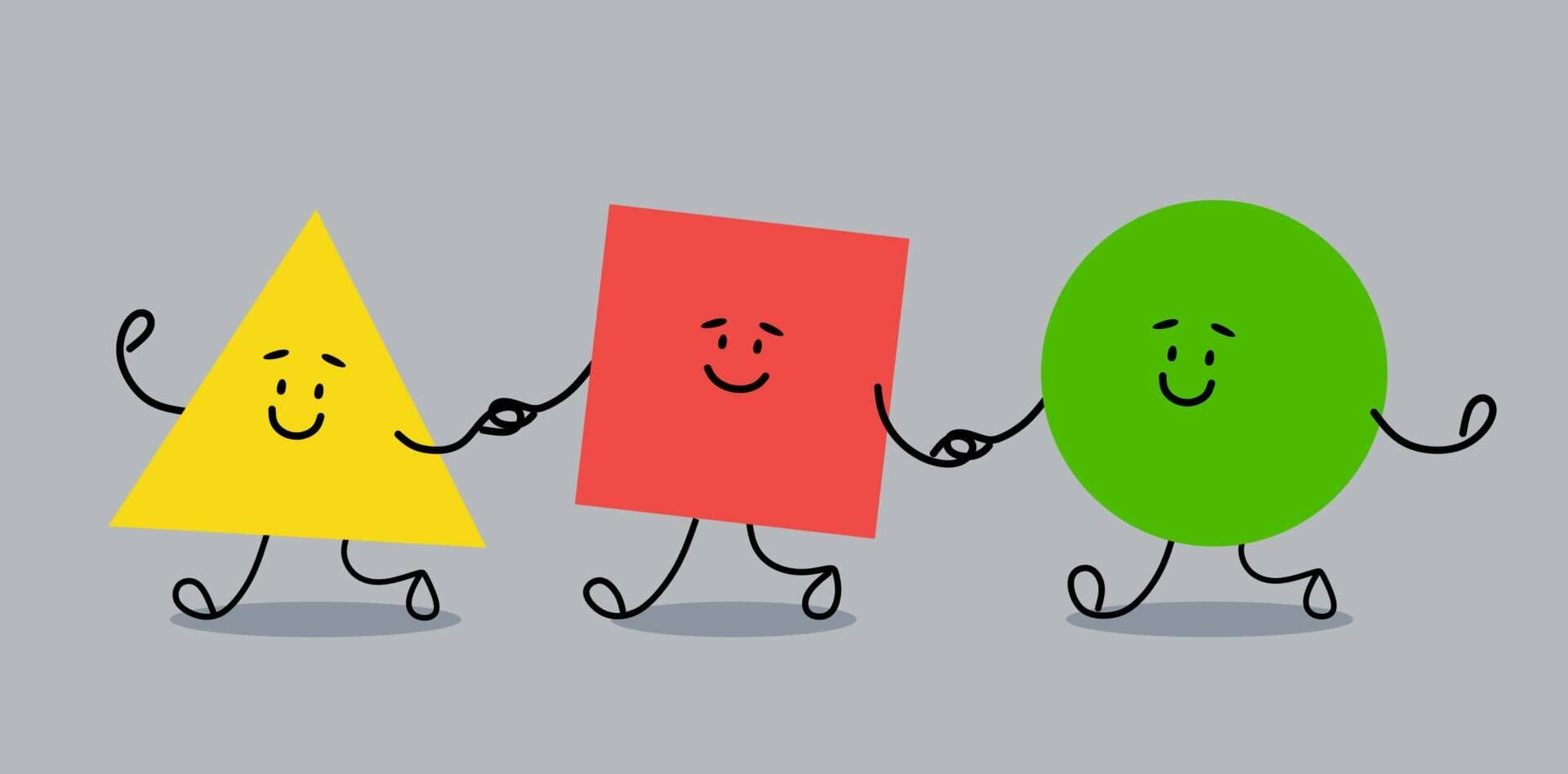 手を繋いでいる三角形と四角形のグループ 日本語。