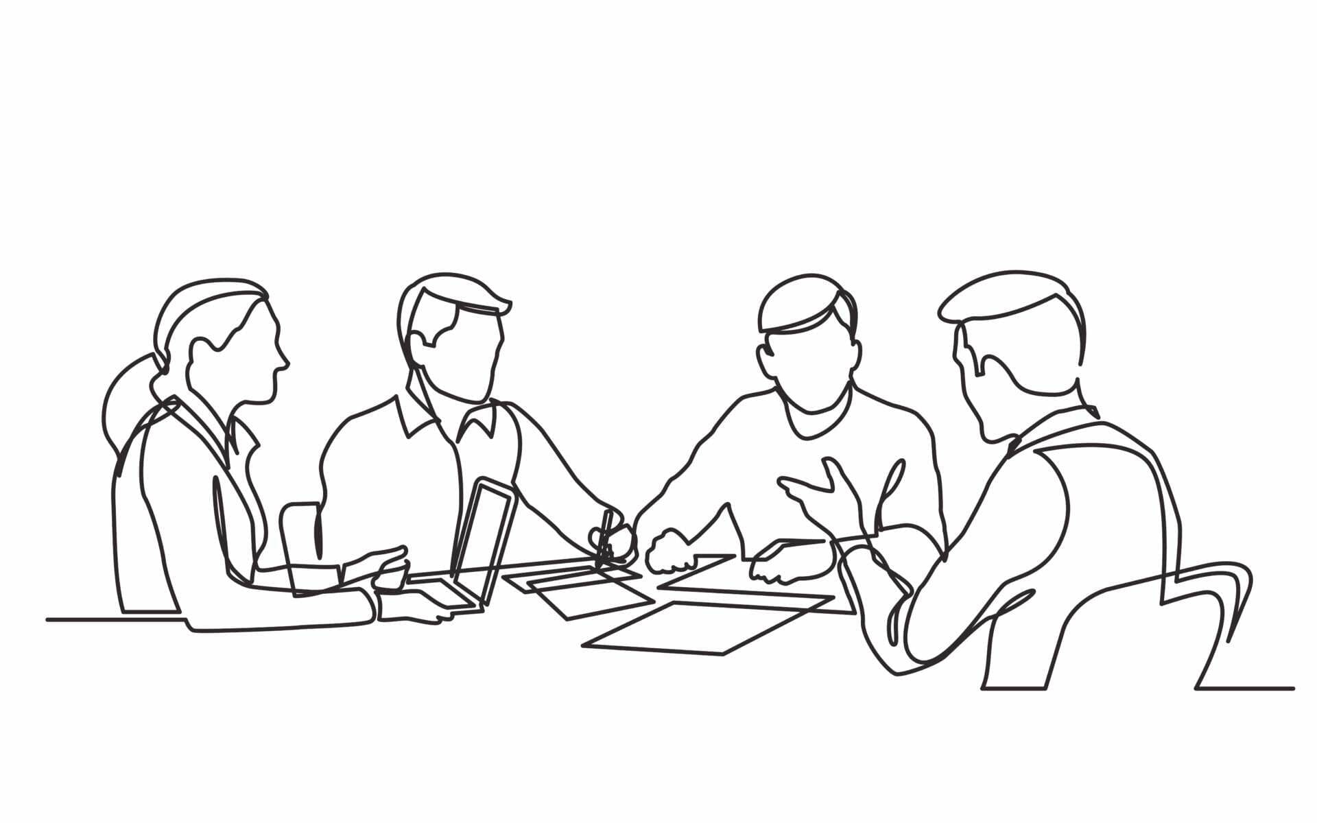 会議に集まった人々の連続線画。