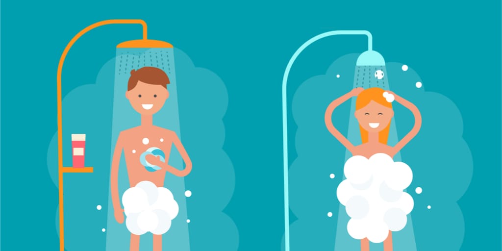 シャワーを浴びながら英語で会話している男女。