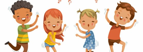 英会話の練習をしながら音符に合わせて踊る子供たちのグループ。