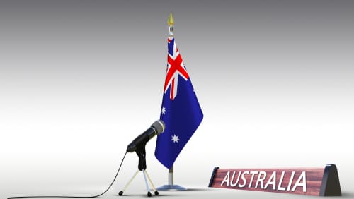 オーストラリアの国旗の横にマイクがあり、英語を話すセッションに最適です。