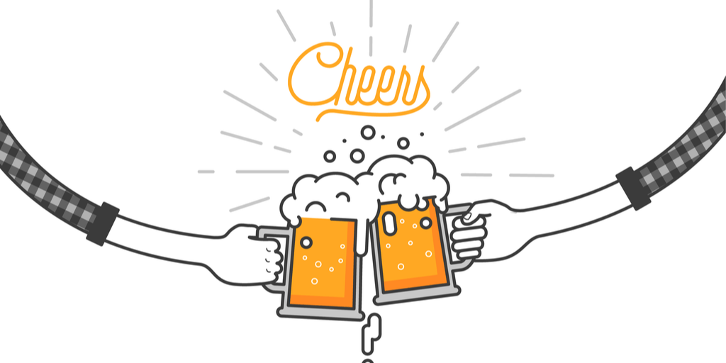 日本語: 2 人が乾杯と書かれたビールジョッキを持っています。英語で「乾杯」と元気よく乾杯する。
英会話：2人がビールジョッキを持っています