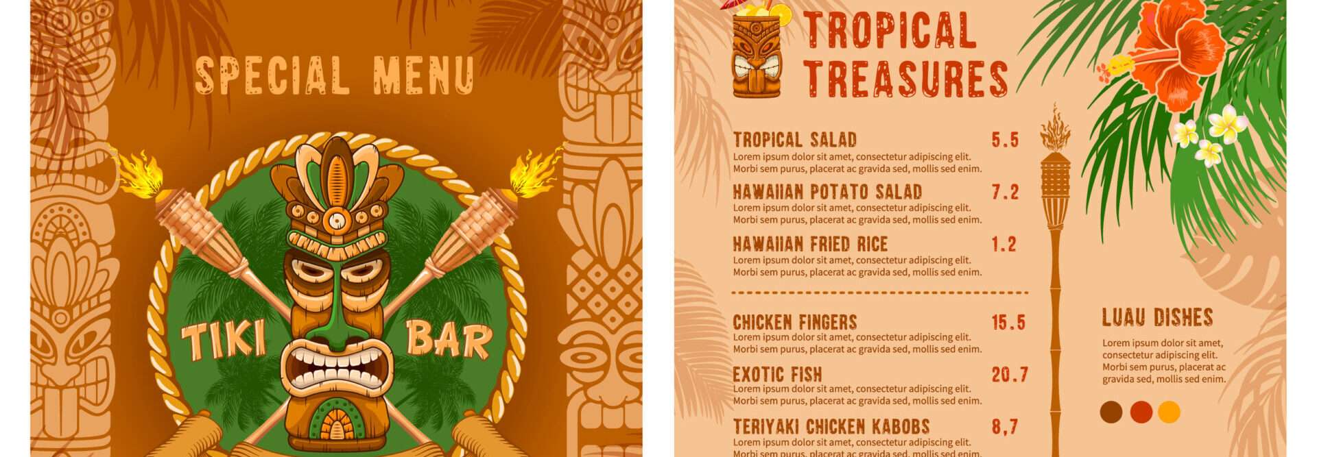ティキマスクとヤシの木をあしらったティキバーのメニュー。 ティキマスクとヤシの木をあしらったティキバーのメニュー。