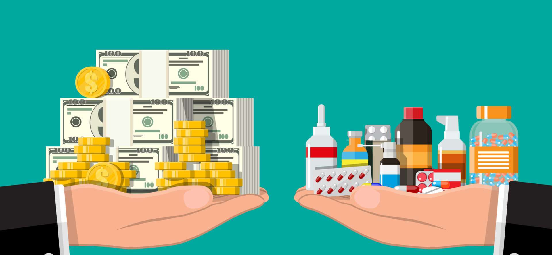 お金と薬の両方を保持するペアの手。