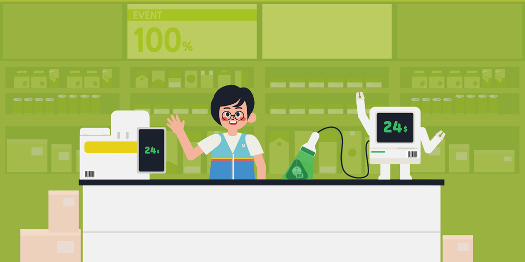 女性が食料品店のカウンターに立って、レジ係と英会話を交わしています。