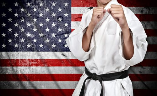 空手の少年が星条旗の前でポーズをとり、その技を披露している。