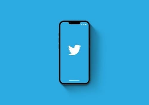 青色の背景に iPhone 上の Twitter のロゴ。