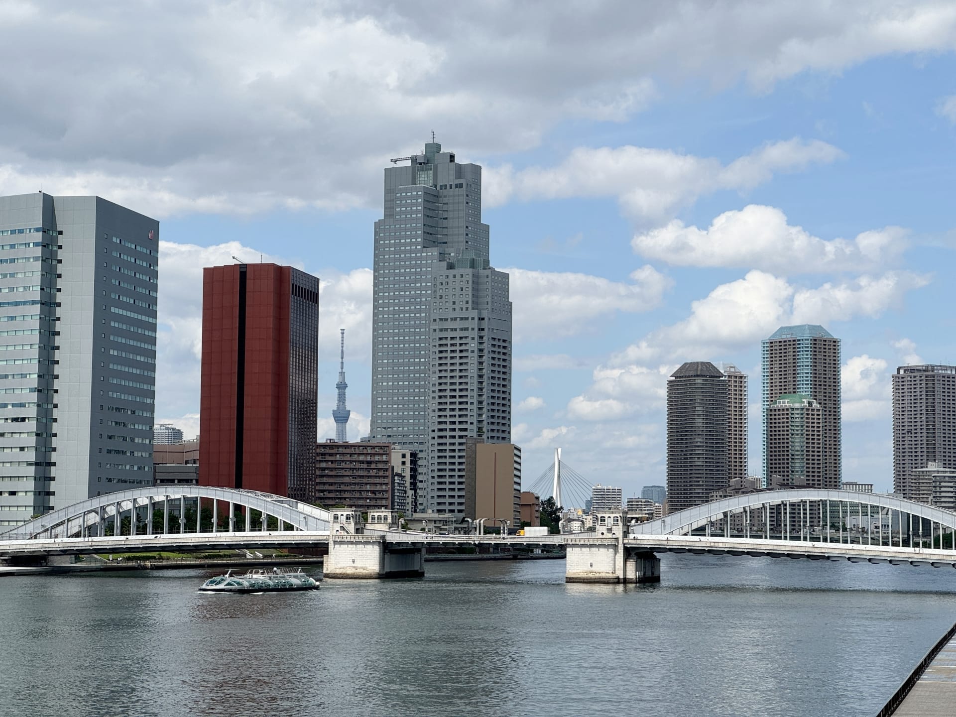 都市のスカイラインには、遠くに目立つ塔のある近代的な高層ビルが立ち並び、川の向こうにはアーチ型の橋が架かっており、曇り空の下、水面を船が滑るように進んでいきます。勝どきの中心にあるこの風景は、都市生活の真髄をとらえています。.