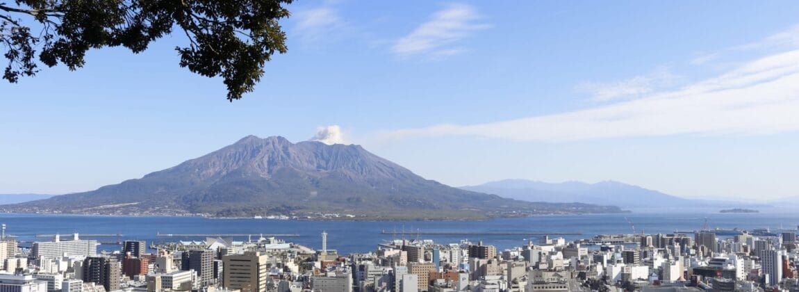 鹿児島湾、遠くの火山、澄んだ空の下の山々、前景に木の枝が見える街並み。.