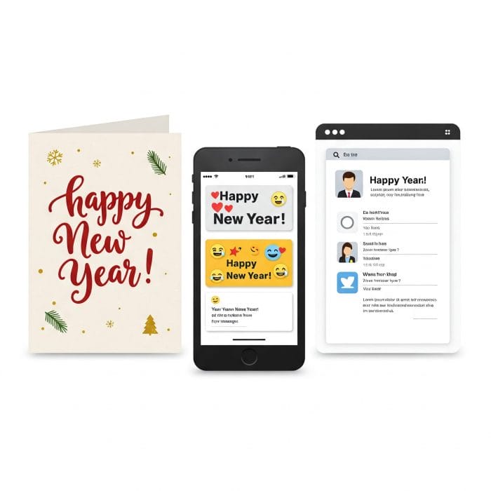 カード、メール、SNSなど様々な媒体で挨拶を送るイラスト