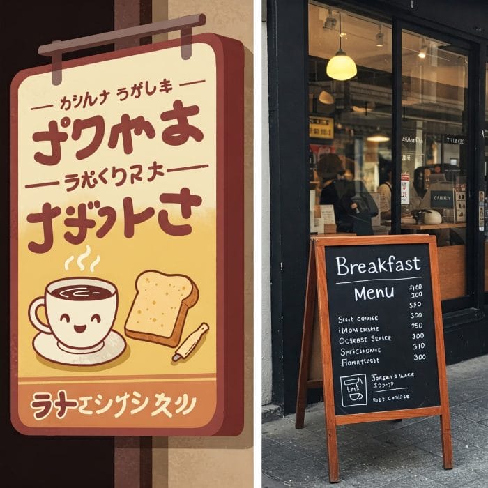 日本の喫茶店のモーニングと海外のカフェの朝食を対比させたイラスト