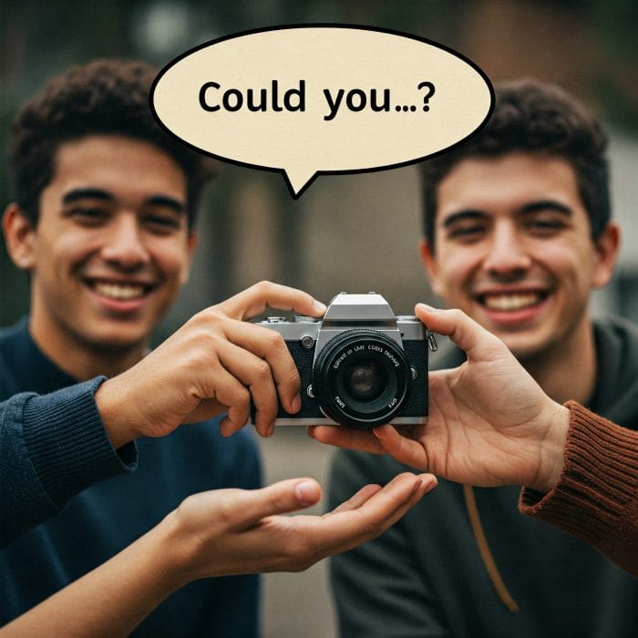 カメラを丁寧に手渡して依頼する様子