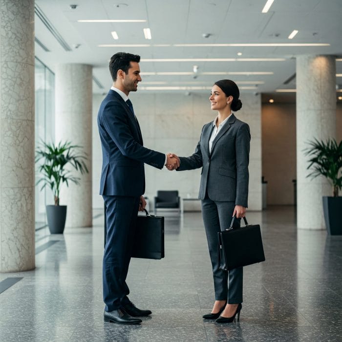 近代的なオフィスロビーでスーツ姿の男女が握手をしている