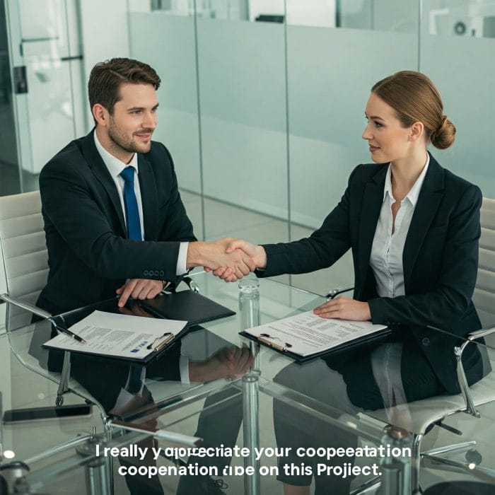 会議室でビジネスパーソンが握手しながら感謝を伝えている