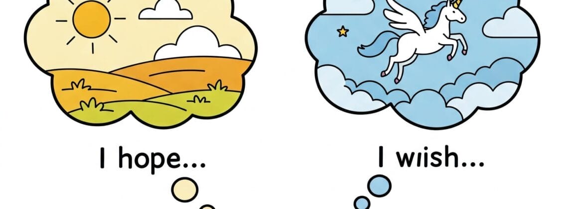 人の頭のシルエットと、日本語で書かれた 2 つの吹き出し。1 つは晴れた風景とともに「I hope...」と書かれており、もう 1 つは雲の中にユニコーンとともに「I wish...」と書かれています。.