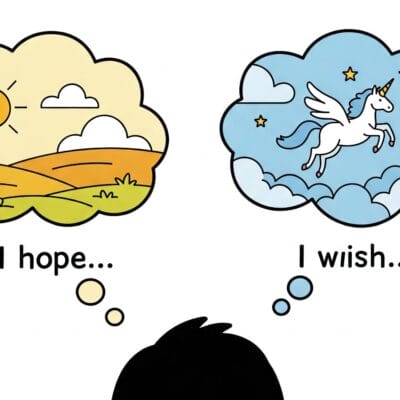 人の頭のシルエットと、日本語で書かれた 2 つの吹き出し。1 つは晴れた風景とともに「I hope...」と書かれており、もう 1 つは雲の中にユニコーンとともに「I wish...」と書かれています。.