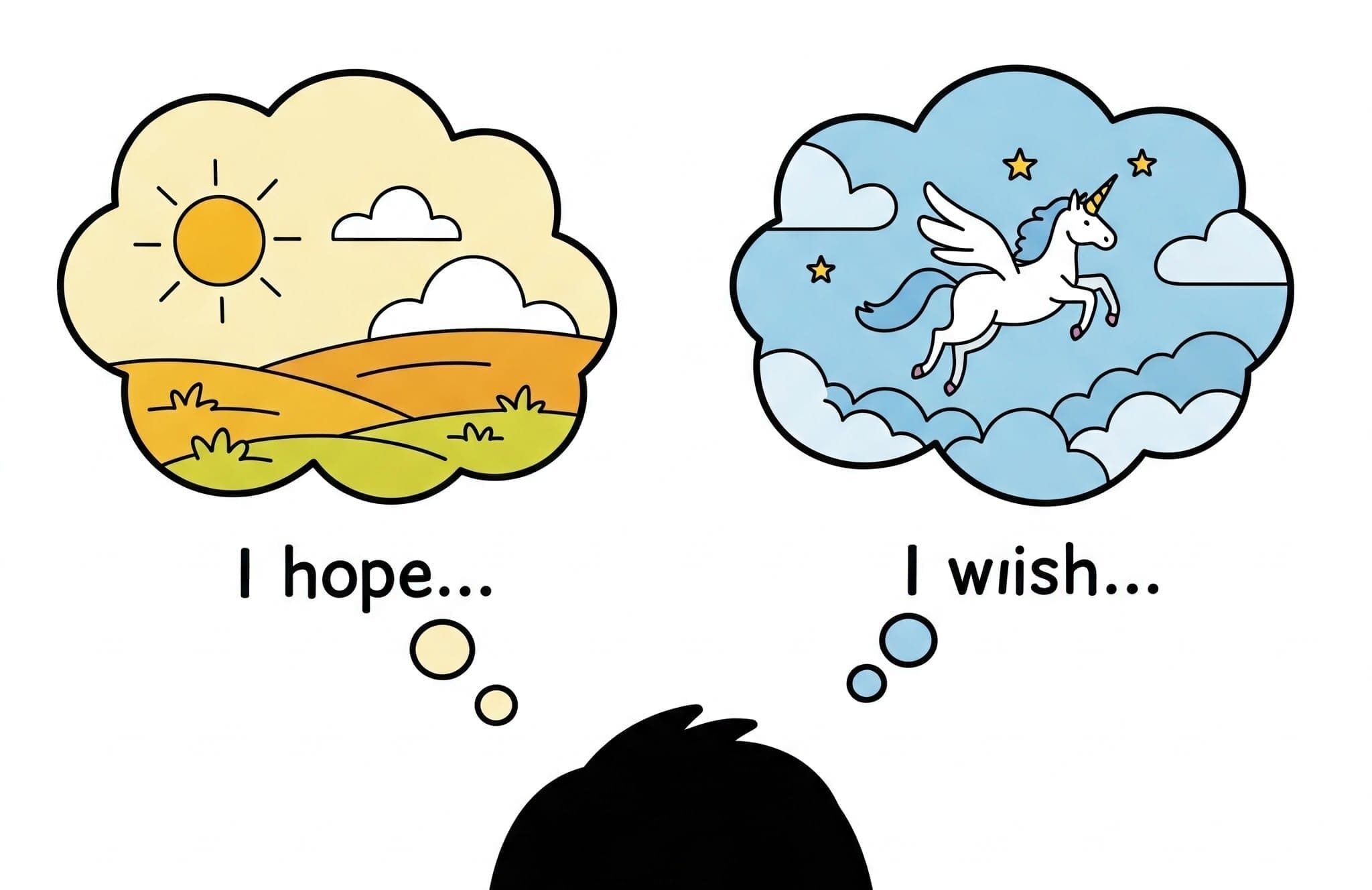 人の頭のシルエットと、日本語で書かれた 2 つの吹き出し。1 つは晴れた風景とともに「I hope...」と書かれており、もう 1 つは雲の中にユニコーンとともに「I wish...」と書かれています。.