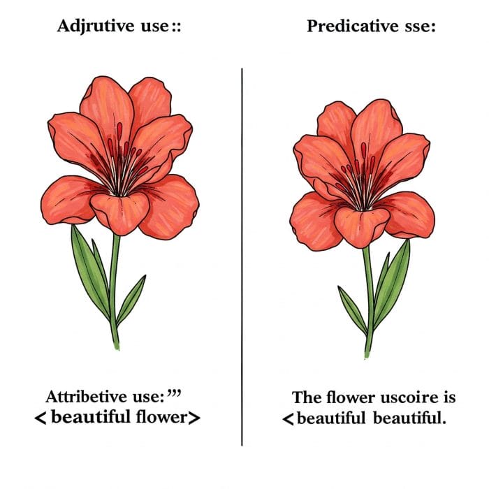 「a beautiful flower」と「The flower is beautiful」の違いを示すイラスト