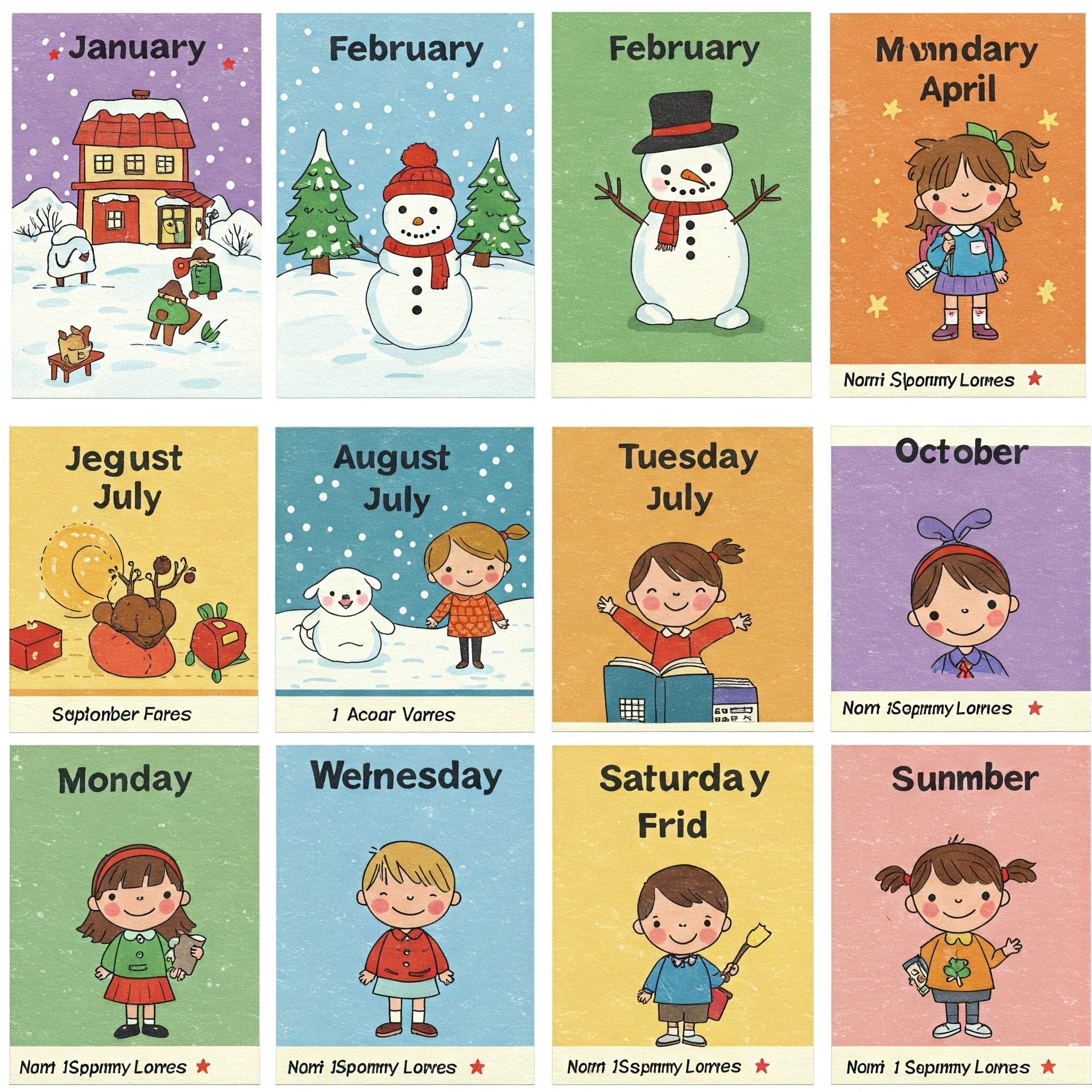 各月には、子供向けの絵や季節をテーマにした、キュートでカラフルな漫画カレンダーページが描かれています。「Februany」や「Summer」など、一部の月にはスペルミスがあります。.