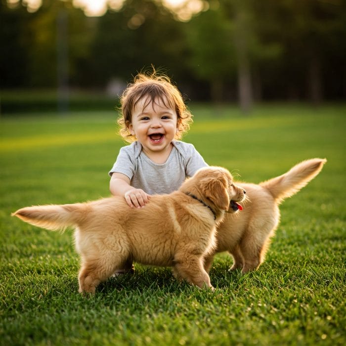 公園で遊ぶ子供と子犬