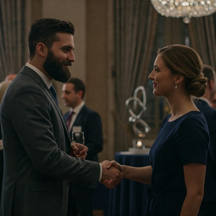 ビジネスシーンで丁寧に挨拶を交わすイラスト