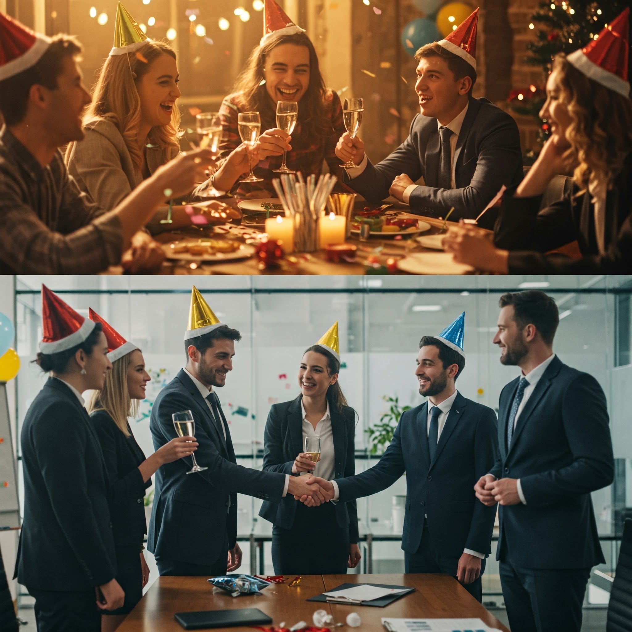 2 つの画像: どちらも、パーティー ハットとビジネス服を着た人々のグループを示しています。1 つは、カジュアルでお祝いのテーブルでの集まりで、もう 1 つは、握手を伴う正式なオフィスの祝賀会です。.