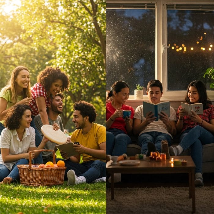 室内での読書と雨の日の外出の対比