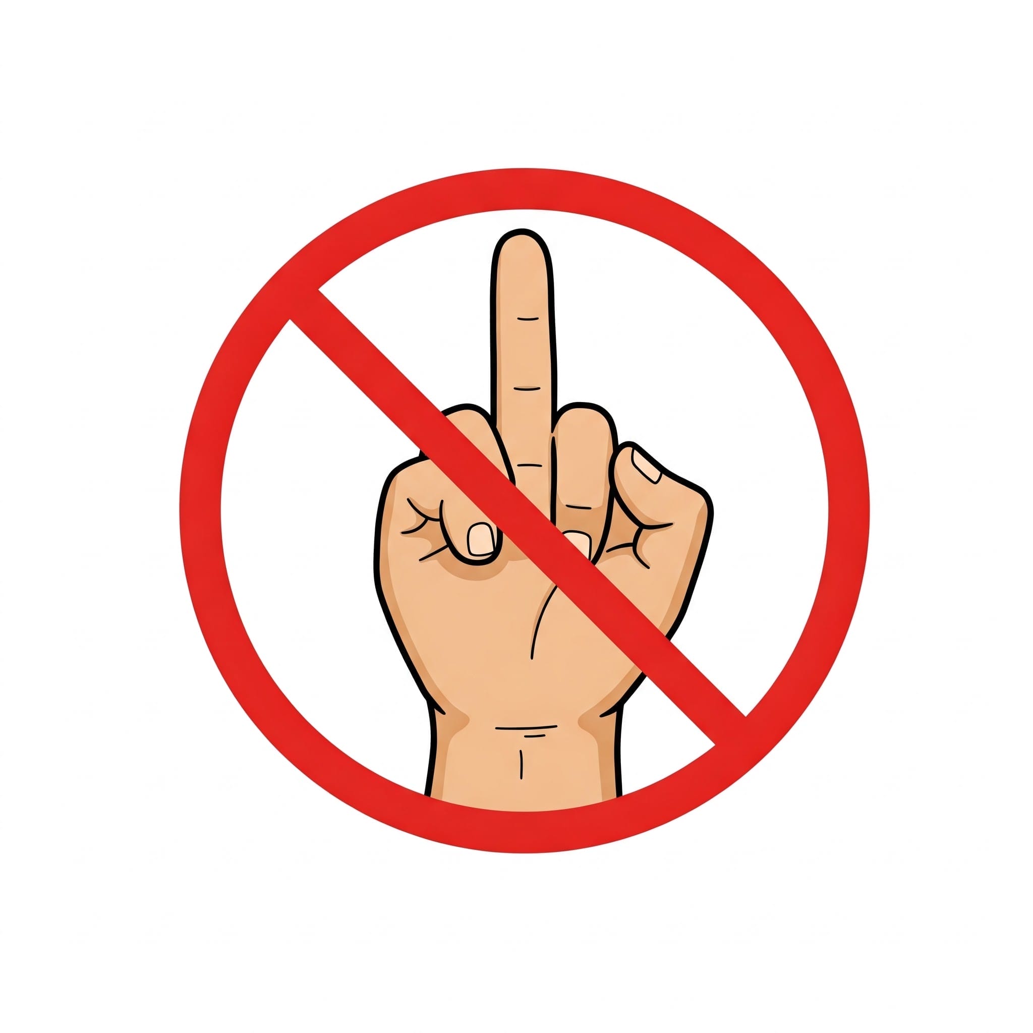 中指を立てた手に赤い禁止記号が引かれており、英語圏では不快なジェスチャーが許可されていないことを示しています。.