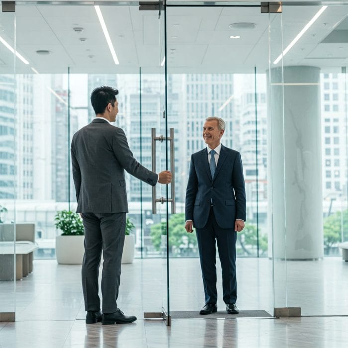 ビジネスシーンでドアを開ける人物