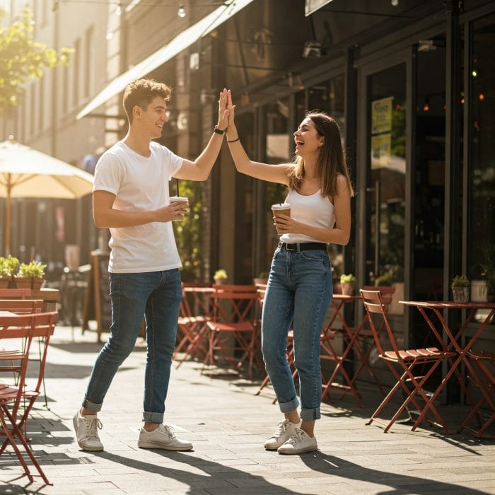 カフェの外で友人同士が笑顔でハイタッチして挨拶している