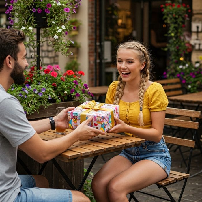 友人がカフェで誕生日プレゼントを渡され、嬉しそうに感謝している
