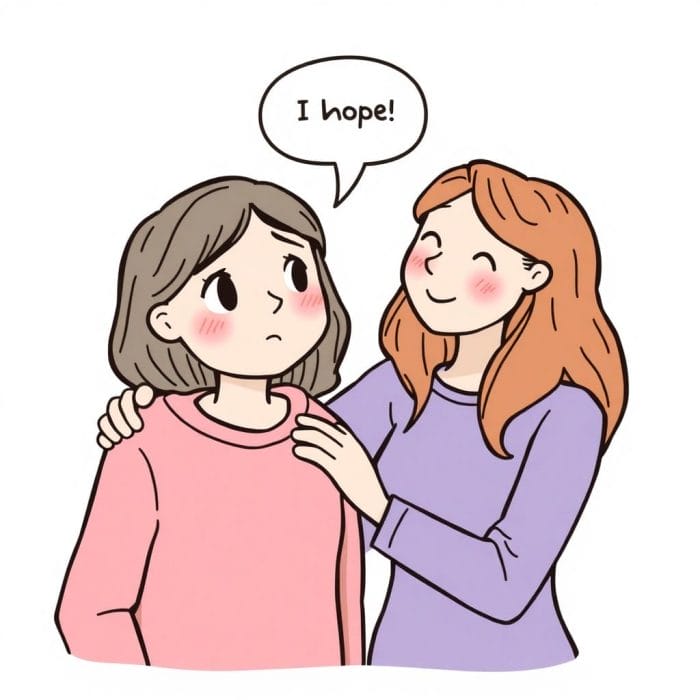 心配する友人を励ますイラスト（I hope so!の吹き出し）