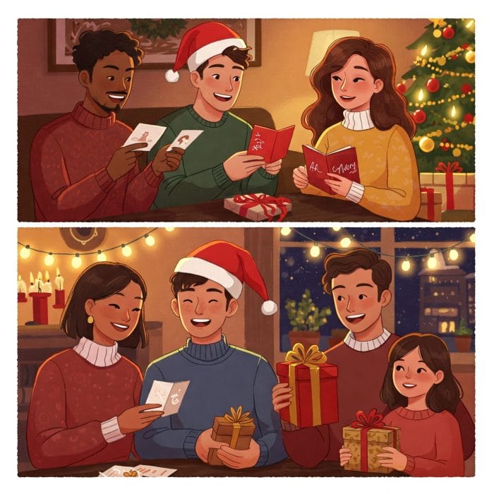 友人・恋人・家族がクリスマスカードを交換するイラスト