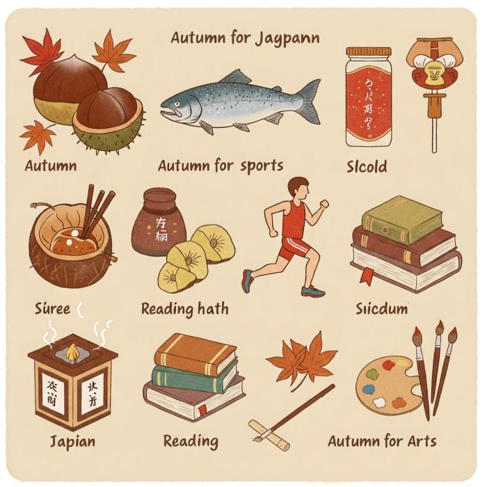 食欲・スポーツ・読書・芸術の秋を象徴するアイコンのイラスト