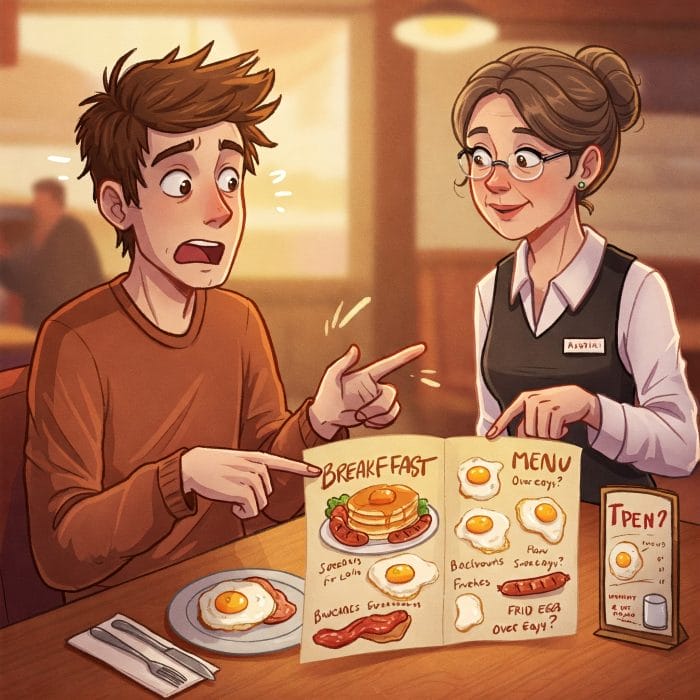 レストランでウェイターに卵料理の焼き方を説明している客のイラスト