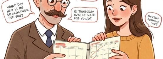 男女がテーブルに座り、カレンダーを見ながら英語でスケジュールについて話し合っています。吹き出しには、彼らが空いている日について尋ねている様子が描かれています。吹き出しの上のテキストにはスペルミスがあります。.
