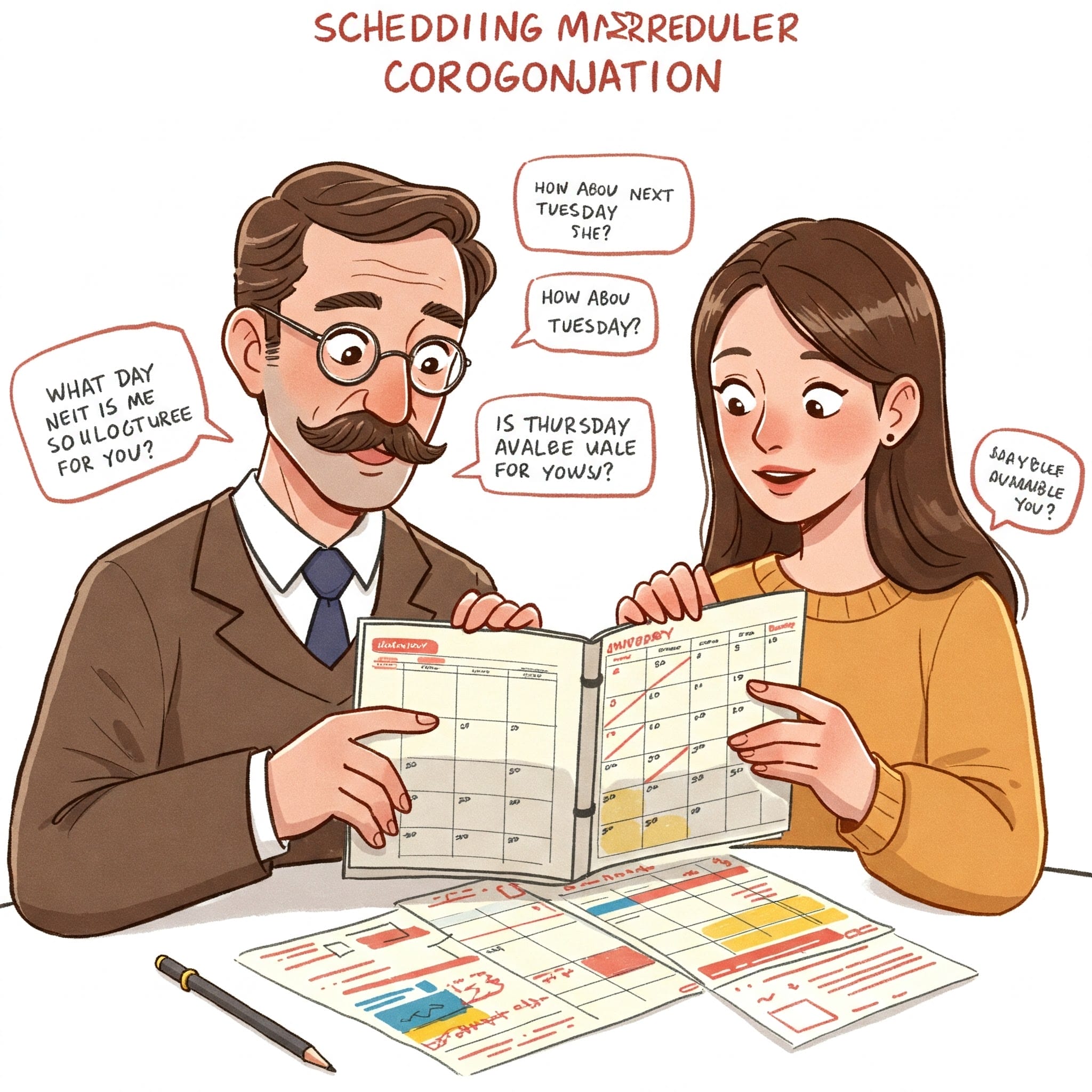男女がテーブルに座り、カレンダーを見ながら英語でスケジュールについて話し合っています。吹き出しには、彼らが空いている日について尋ねている様子が描かれています。吹き出しの上のテキストにはスペルミスがあります。.