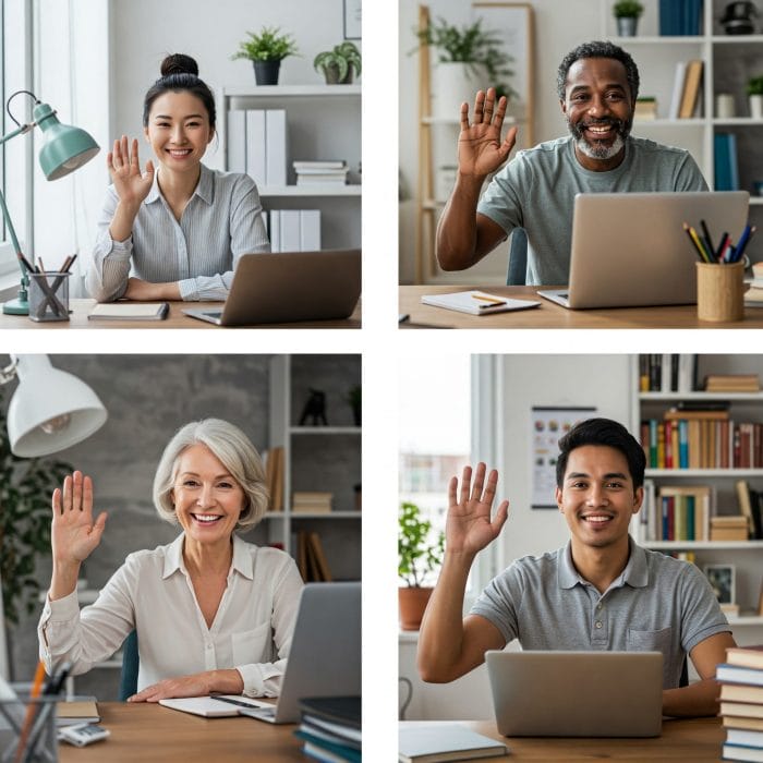 オンライン会議で笑顔で手を振って挨拶する多様な人々