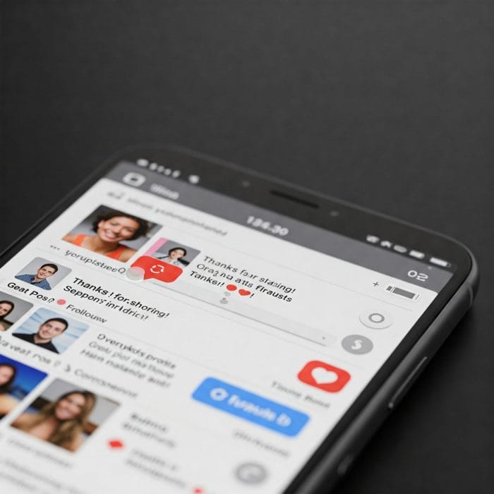 スマートフォンのSNS画面に「いいね」や感謝のコメントが表示されている