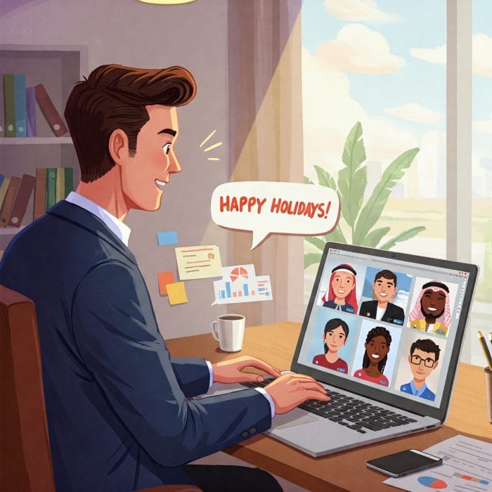 ビジネスメールを作成する人やオンライン会議で挨拶する人のイラスト