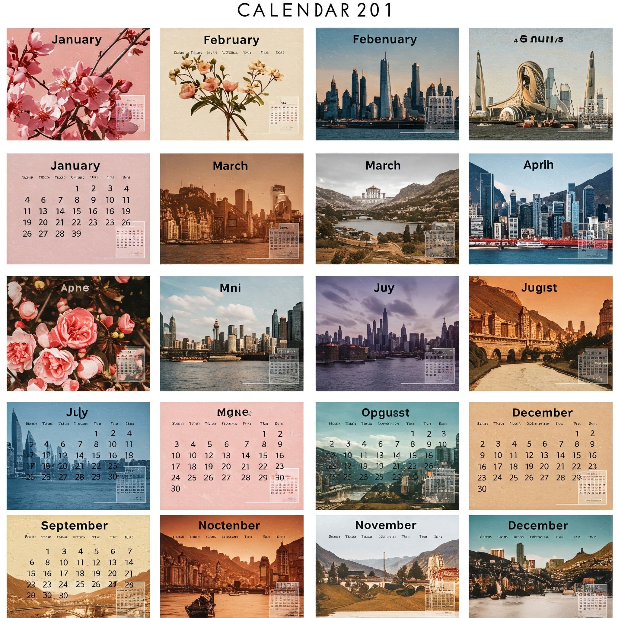さまざまな都市の風景や花のテーマを描いた画像が、1 月から 12 月まで月ごとにグリッド レイアウトで配置された 2019 年のカレンダーです。.