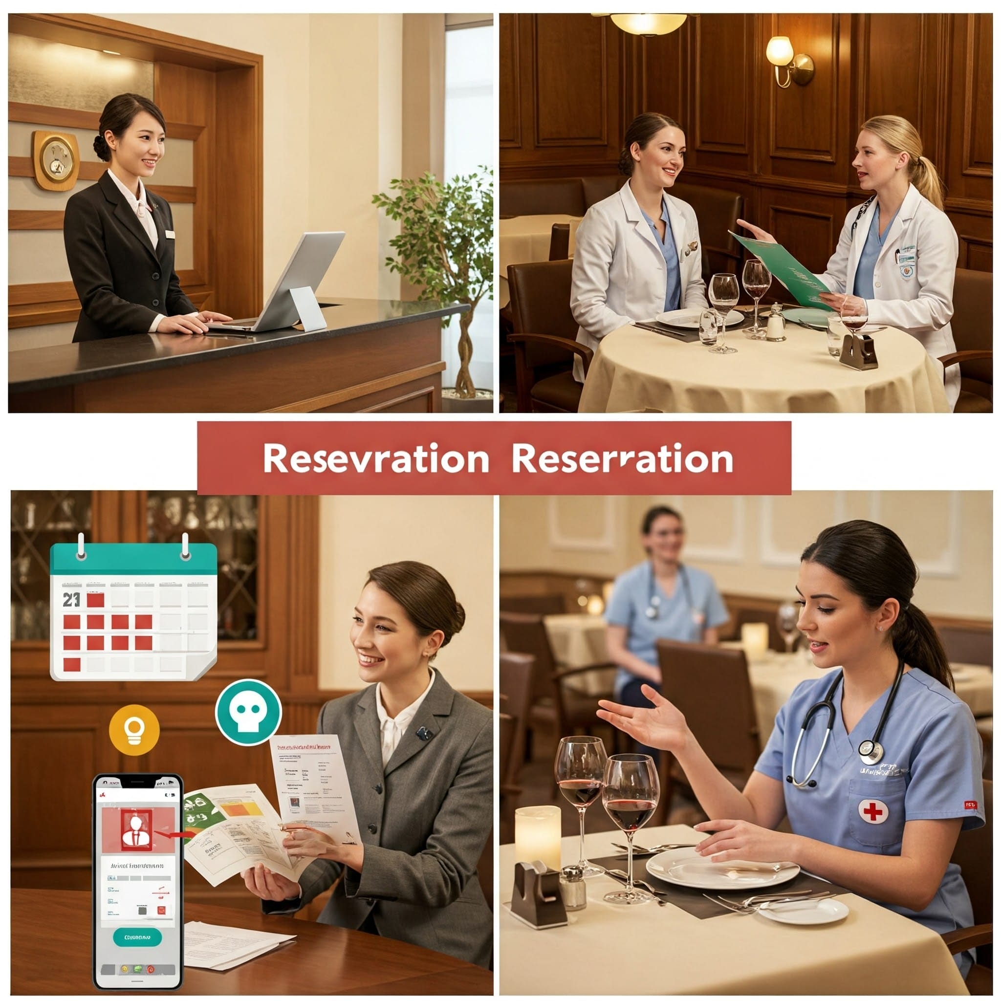 受付係、食事をする医師、通知付きのカレンダー、レストランでメニューを確認する看護師のコラージュ。.