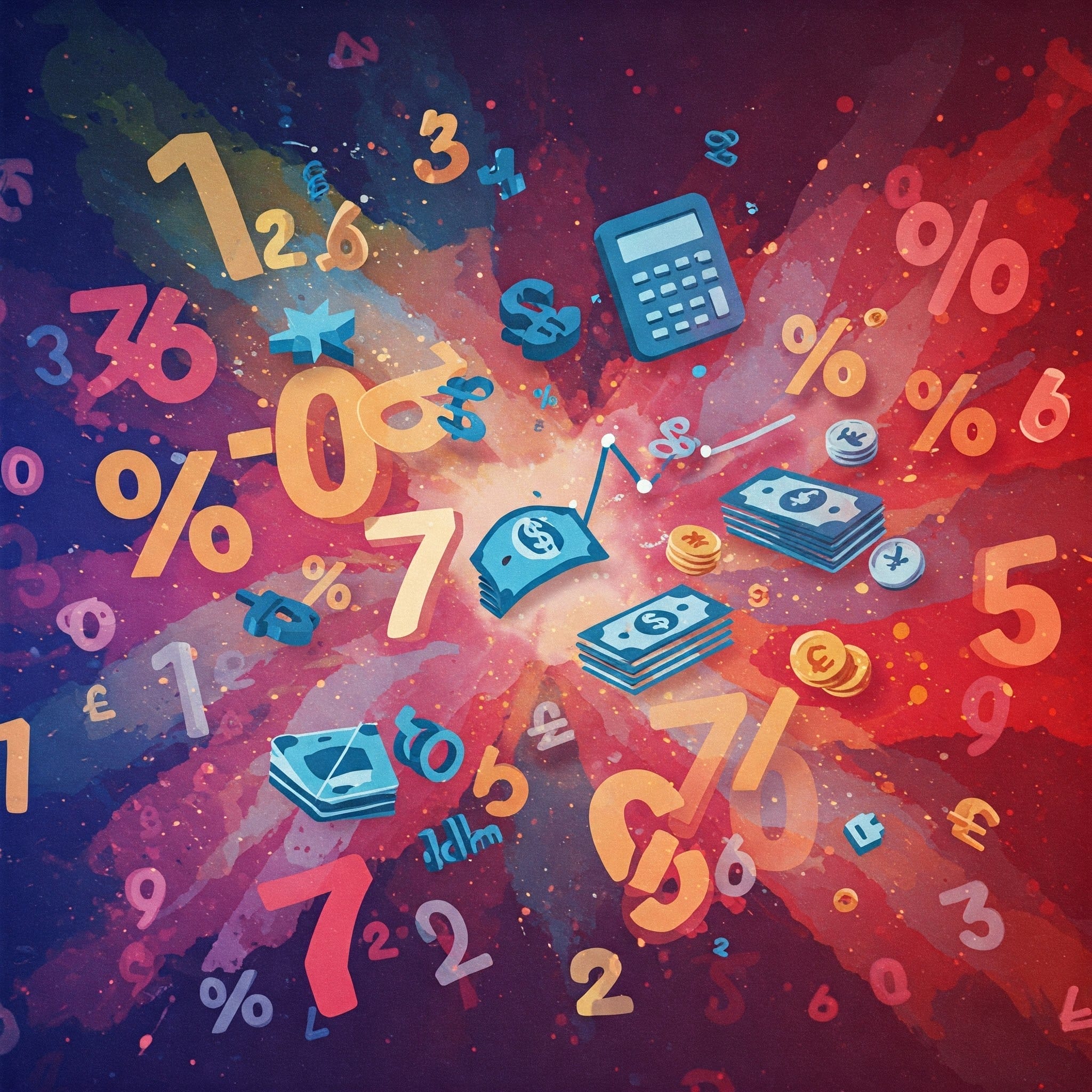 計算機、現金、硬貨を囲む数字、パーセント記号、通貨記号のカラフルなイラスト。金融計算や数学を表しています。.
