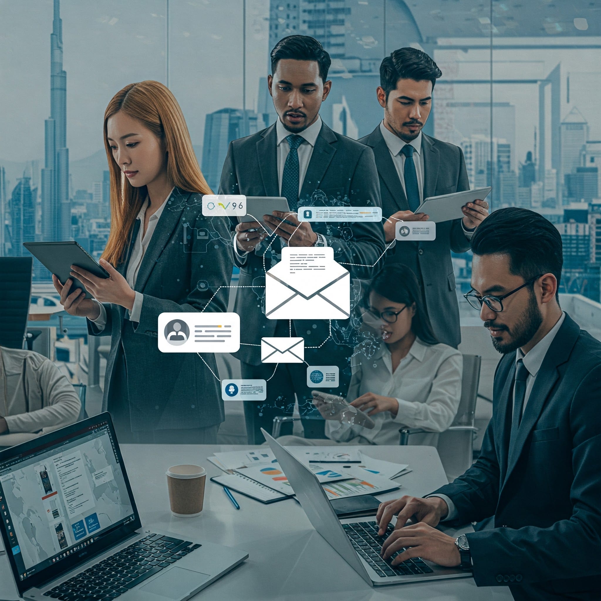 ビジネス服を着た 5 人の専門家がオフィスでノートパソコンやタブレットを使用して作業しており、デジタル メールとデータのアイコンが重ねて表示され、共同作業とコミュニケーションを示しています。.