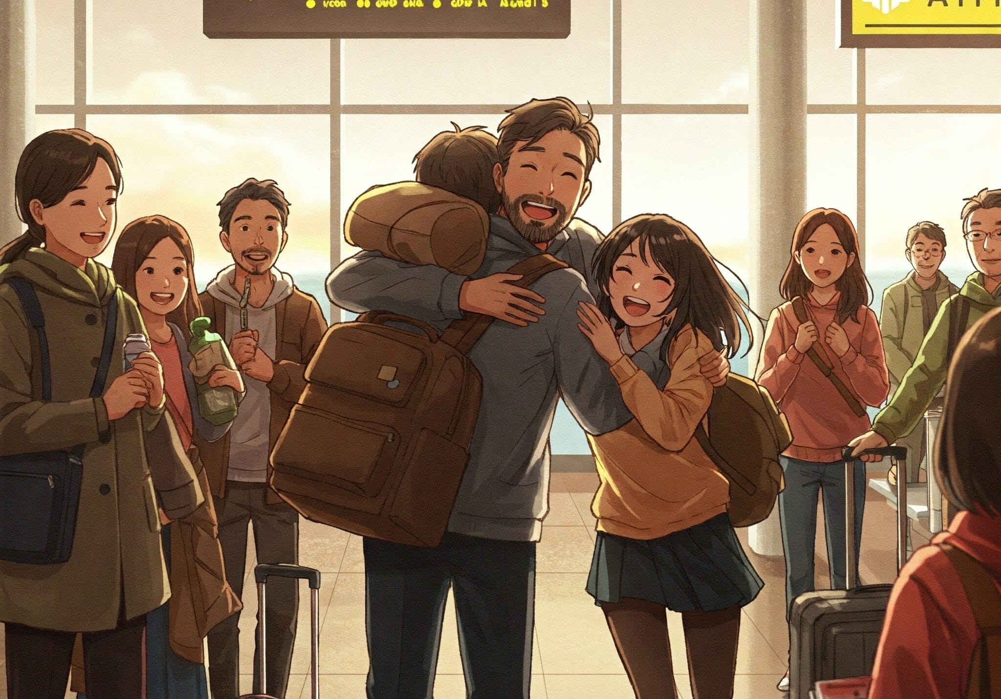 空港の到着エリアで、あるグループが男性と少女を抱擁と笑顔で迎えており、背景には荷物と標識が見える。.