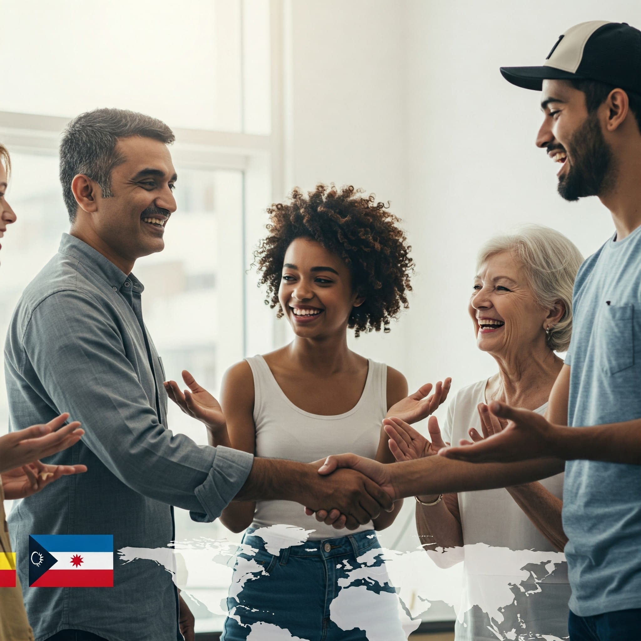 屋内で笑顔で握手する多様な人々のグループ。画像の下部には透明な地図と国旗のグラフィックが重ねて表示されています。.