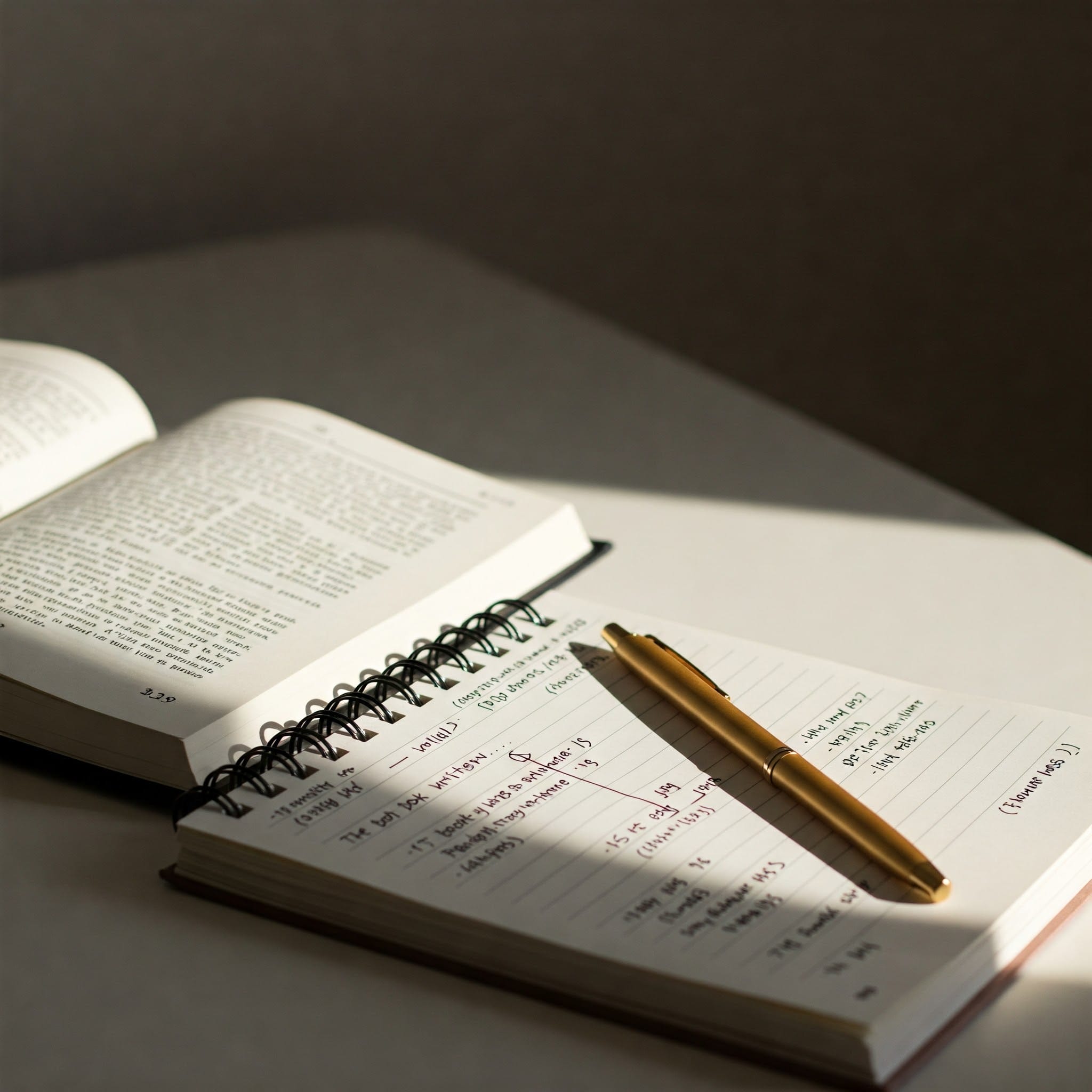 手書きのメモと金色のペンが書かれた開いたノートが、日光の当たる開いた本の横のテーブルに置かれています。.